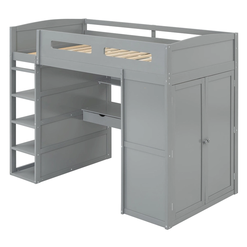 Gray Twin Size Solid Wood Loft Bed with Desk, Wardrobes, and Shelves