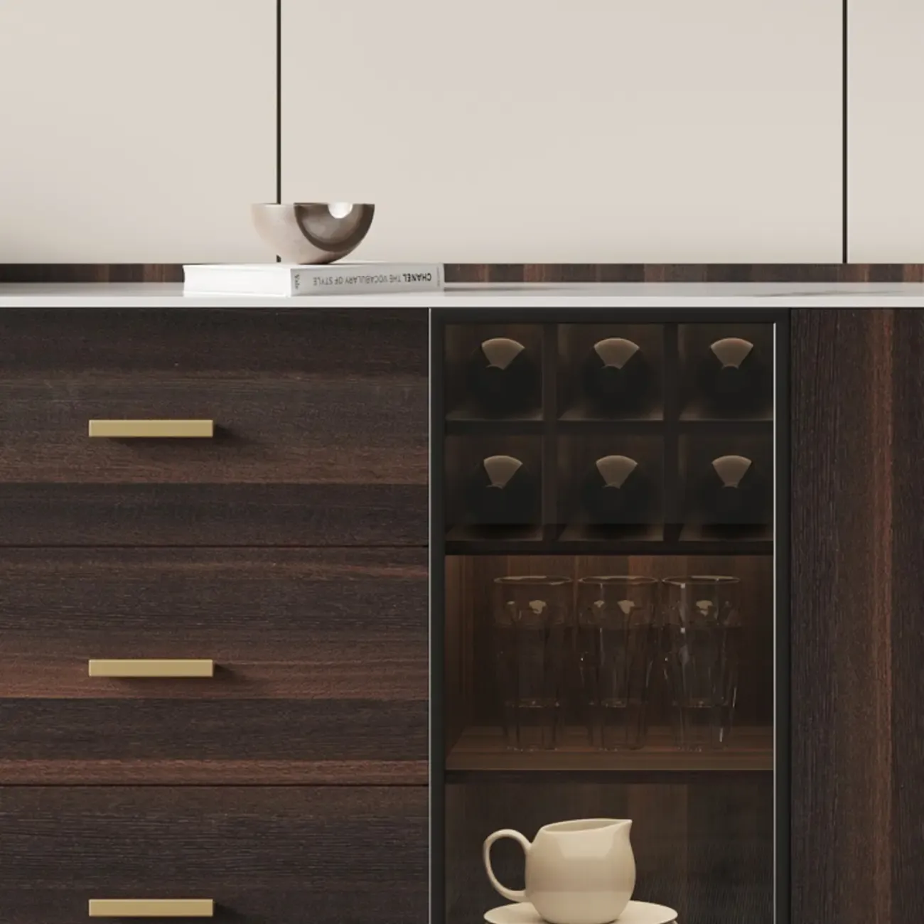 Glam Walnut Wooden Sideboard with Drawers & Cabinets