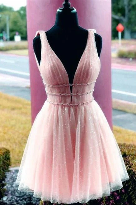 A Line Tulle V Neck Homecoming Dress With Beading