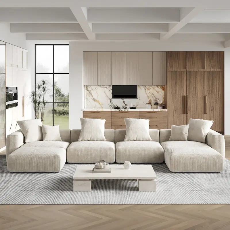 Large U-Shape Linen Reversible Modular Seating Component Sectional with 2 Ottoman