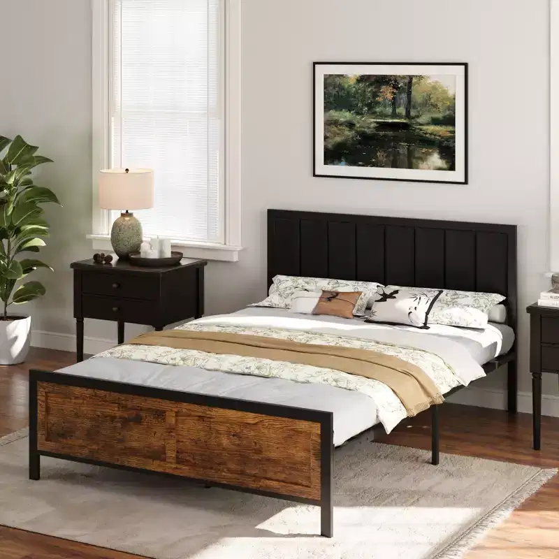 Dyonery Queen Bed Frame with 4 Storage Drawers,Metal Platform Bed with Upholstered Headboard,No Box Spring Needed,Noise Free Easy Assembly Brown