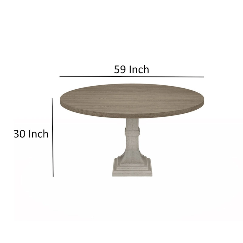 Sane 59 Inch Dining Table, Round Top with Pedestal Base, White, Gray