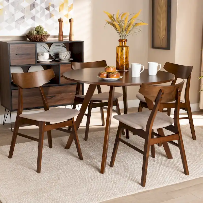 Round Dining Table & 4 Upholstered Chairs, Rubberwood, Walnut Brown, Light Grey