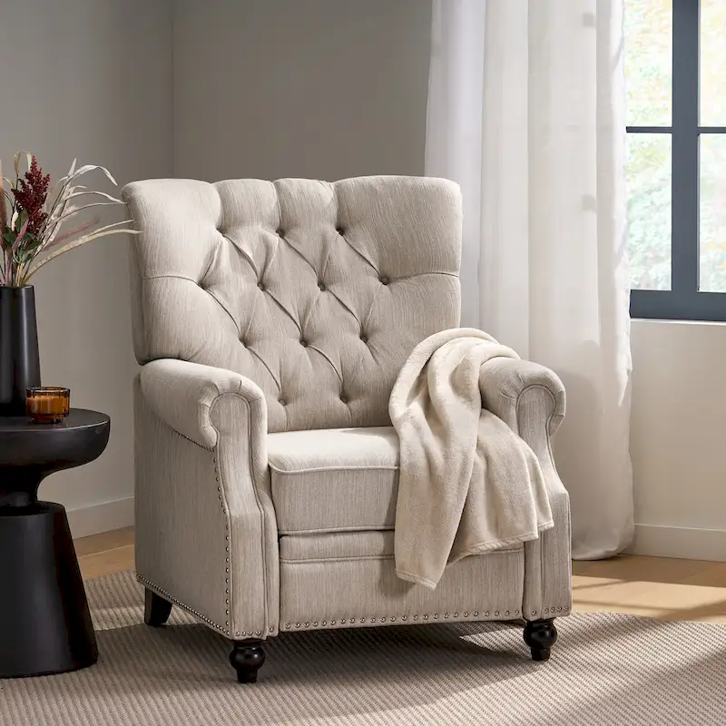 Push Back Recliner, Footrest, Button Back, Nailhead Trim
