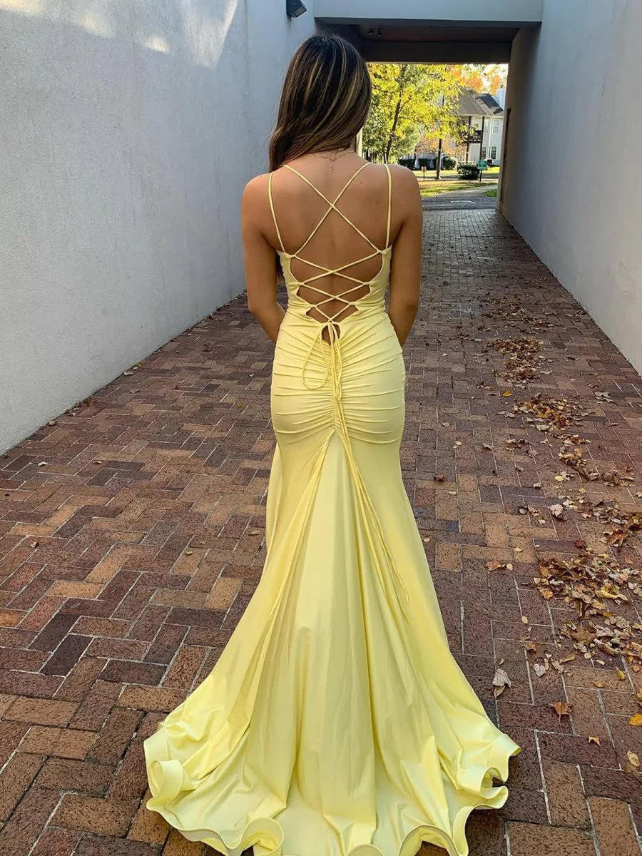 Yellow V Neck Satin Mermaid Long Prom Dress With Split