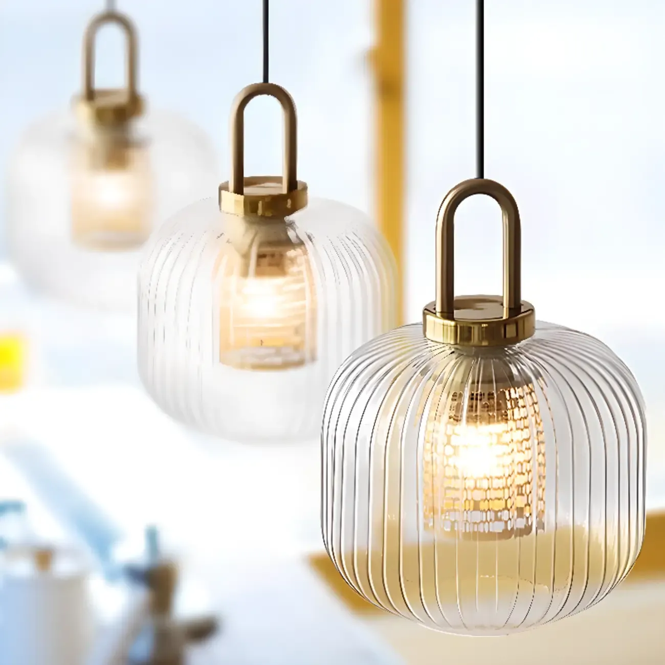 Gold Metal Ribbed Clear Glass Kitchen Pendant Light