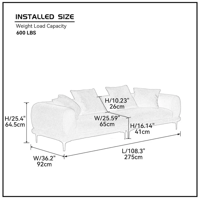 Fabric Sofa with Recessed Arms & Metal Legs – Blue / Beige, Mid-Century Modern, Seats 4