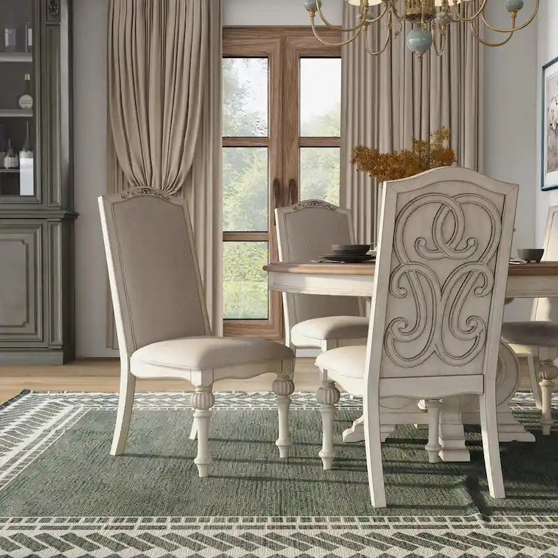 Caelum Farmhouse White Fabric Upholstered 7-Piece Round Dining Set By The Gray Barn