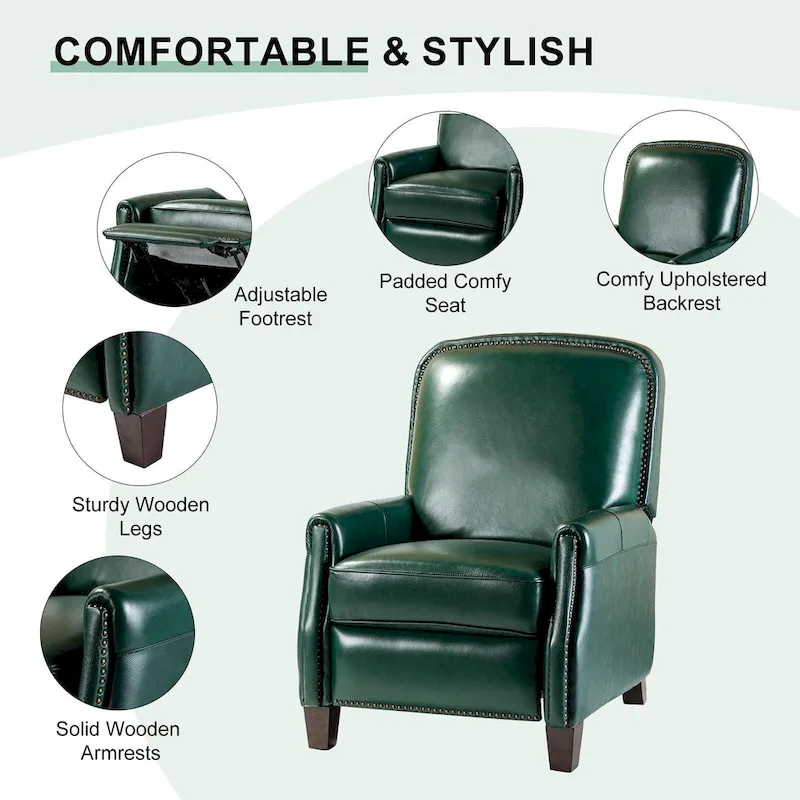 Modern Retro Genuine Leather Recliner with Nailhead Trim & Wooden Frame