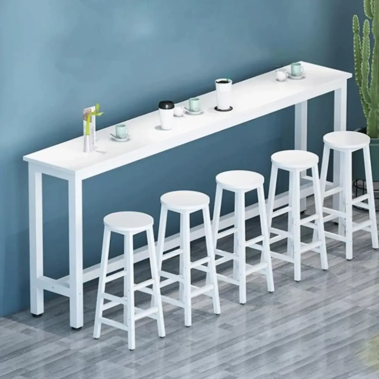 Simple White Rectangular Wood Bar Table With Footrest