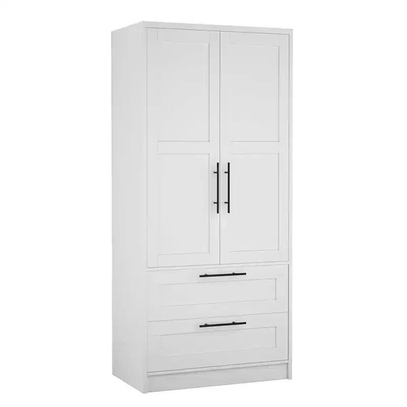 GustoWave Wooden Armoire Wardrobe with 2 Drawers, Freestanding Closet Cabinet with Shelves, White Storage for Bedroom