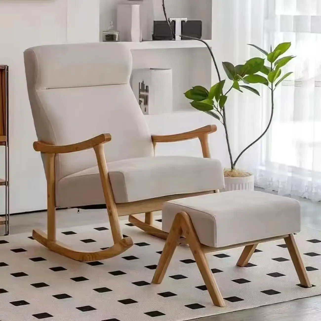 Modern Wood Upholstered Rocking Chair with Optional Ottoman