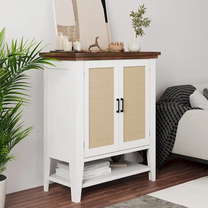 Natural/White Rattan Storage Cabinet with Doors & Shelves, 2-Door