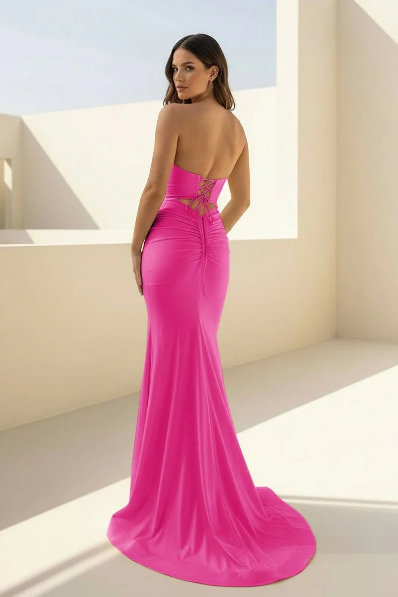 Yellow Strapless Mermaid Satin Long Prom Dresses With Cutout