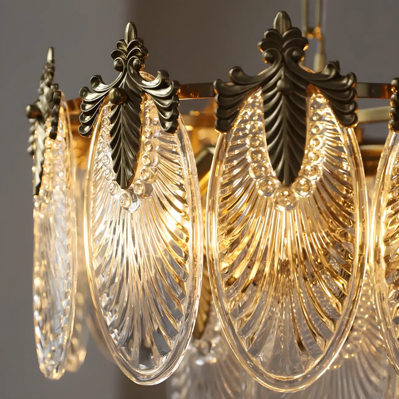 Elegant Brass Ribbed Glass Tiered Chandelier