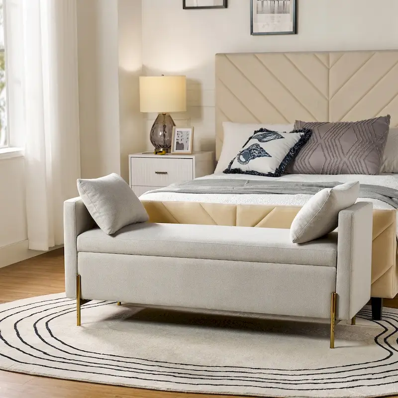 Grey / Mustard / Navy / Ivory / Black Velvet Flip-Top Storage Bench with Arms & Pillows, 1-Person