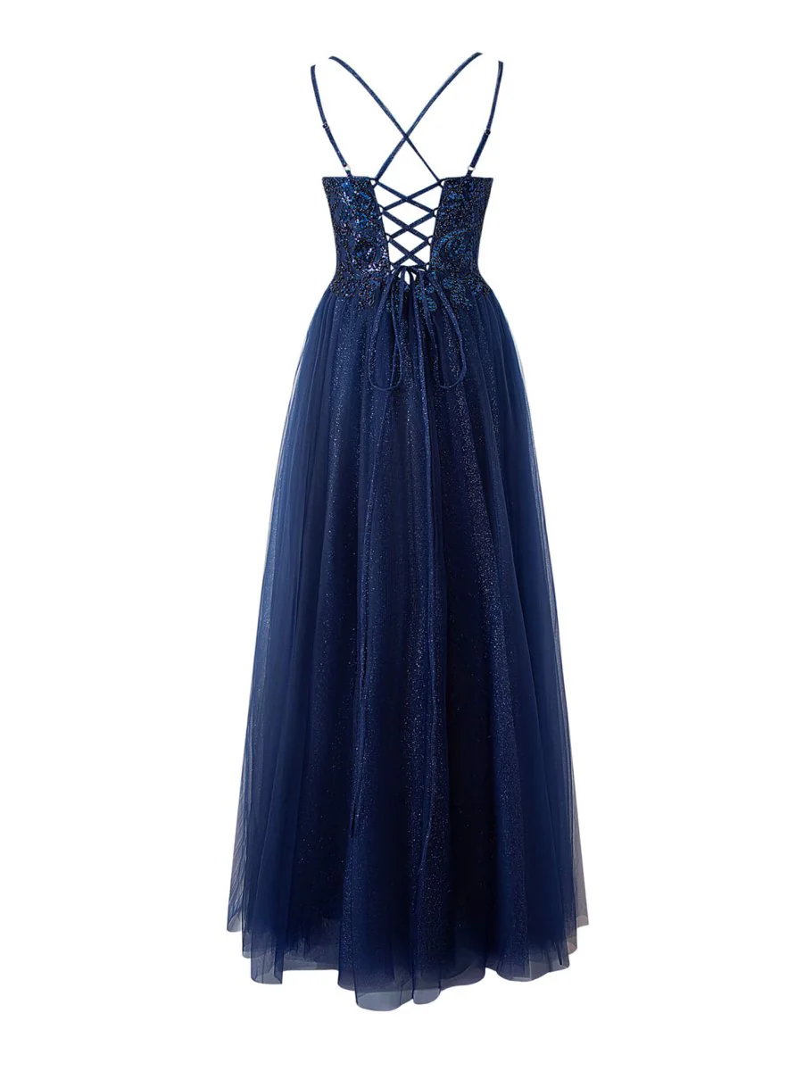 Navy Blue A-line Floor Length Glitter Tulle Prom Dress