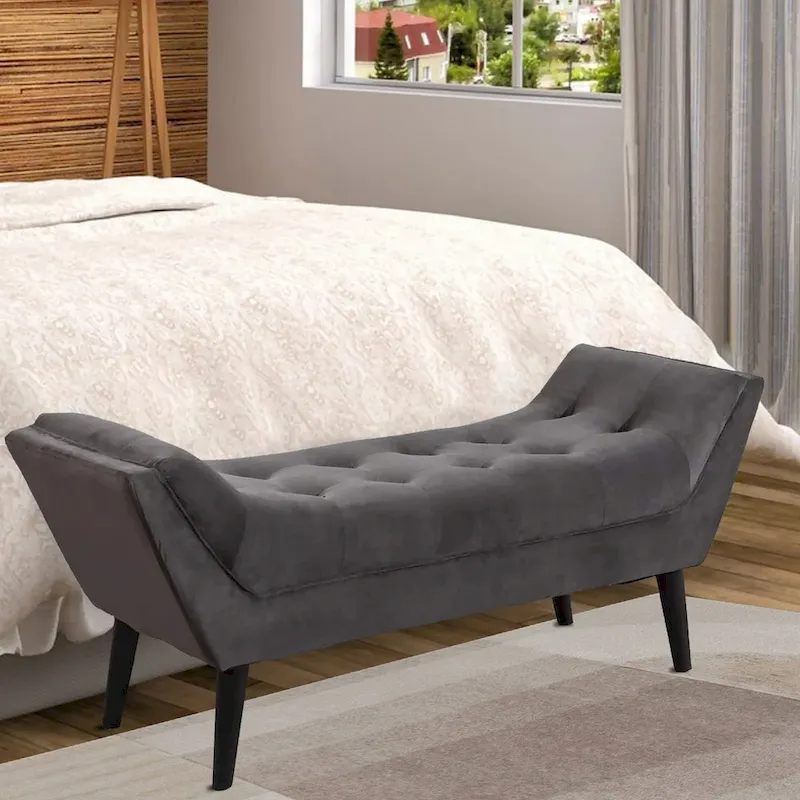 End of Bed Bench - Modern Fabric Footstool with Wooden Legs