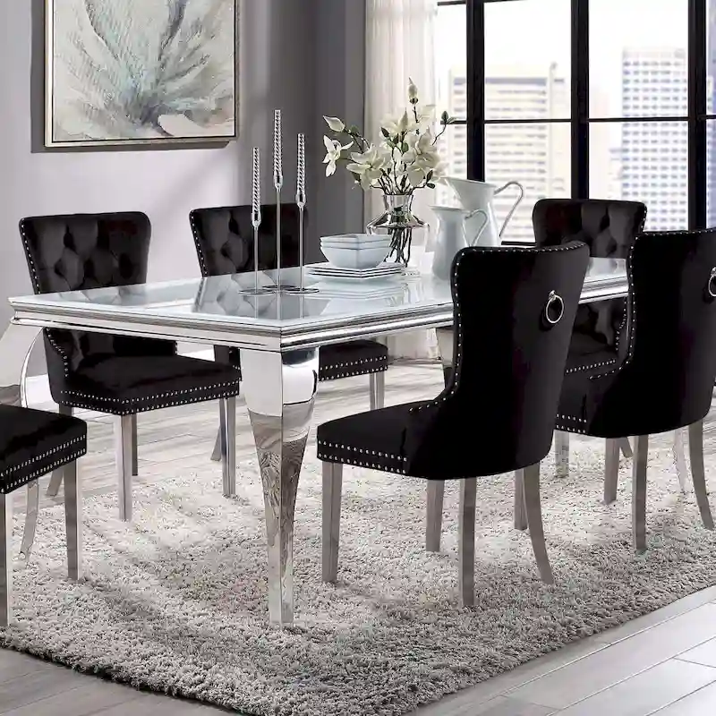 79-inch chrome-legged glass tabletop dining table