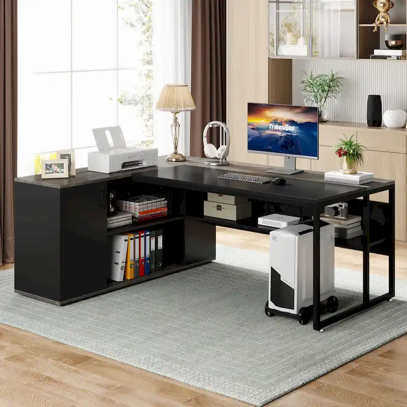 71 inch L Shaped Executive Desk with Cabinet