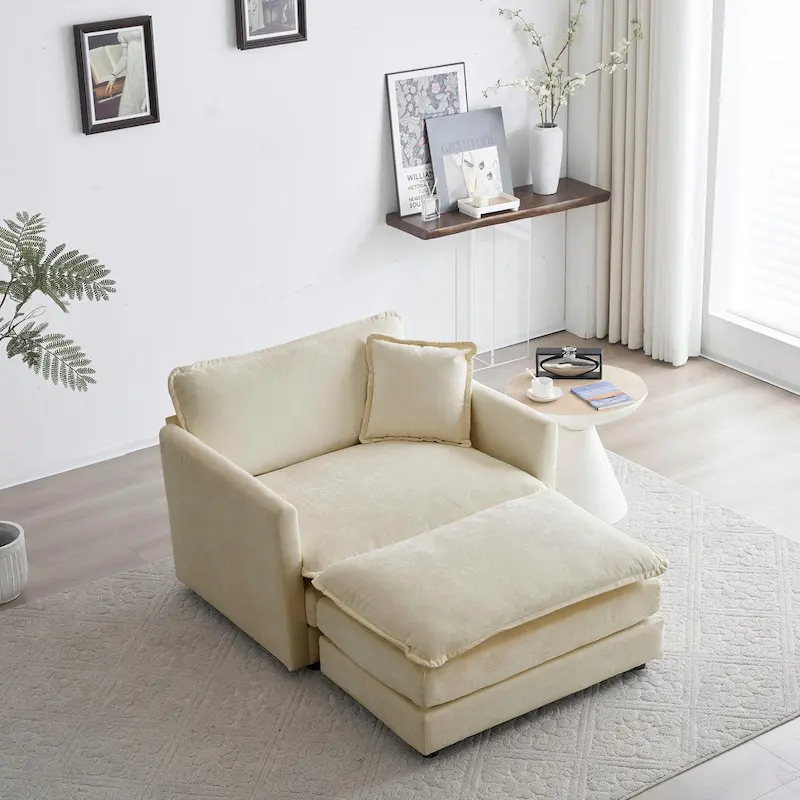 Beige Chenille Single Sofa Chair with Ottoman & Double Cushion – Single