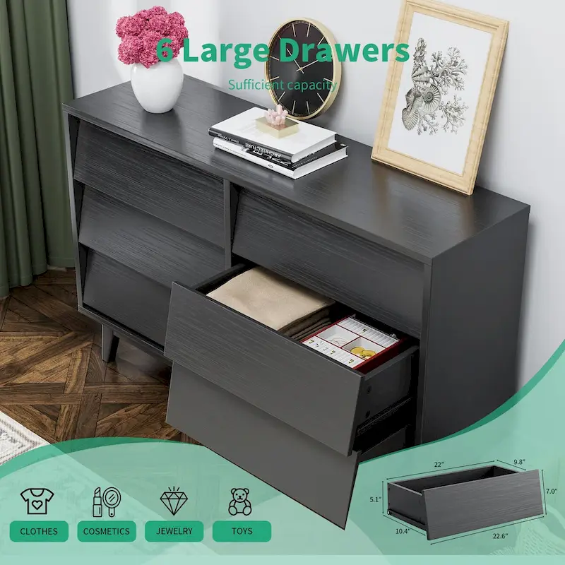 Brown / Black 6-Drawer Dresser – Mid-Century Bevel Style