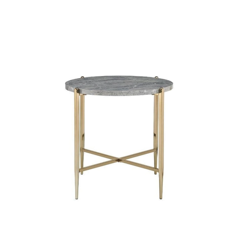 End Table with Oval Marble Top and X Shaped Support, Gray and Gold