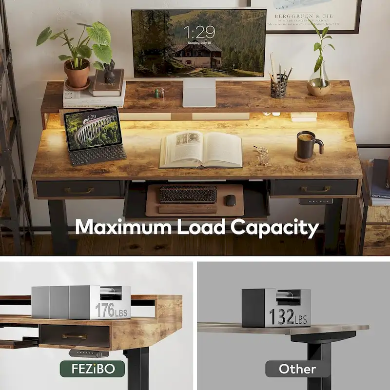 FEZIBO Height Adjustable Electric Standing Desk with Double Drawers&Keyboard Tray, Stand Up Desk with LED Strips