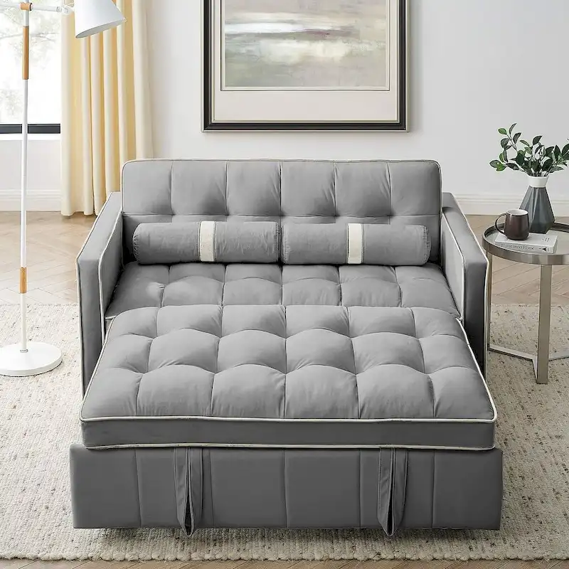 Velvet Multi-Functional Pull-Out Sofa Bed Adjustable Reclining Backrest With Pillows - N/A