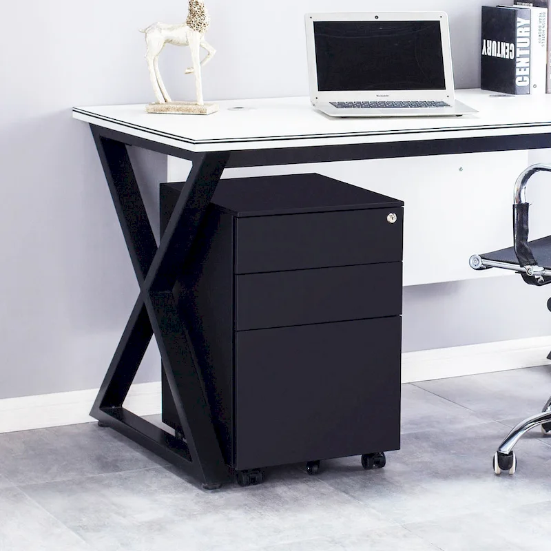 3 Drawer Mobile File Cabinet with Lock Steel File Cabinet(Black)