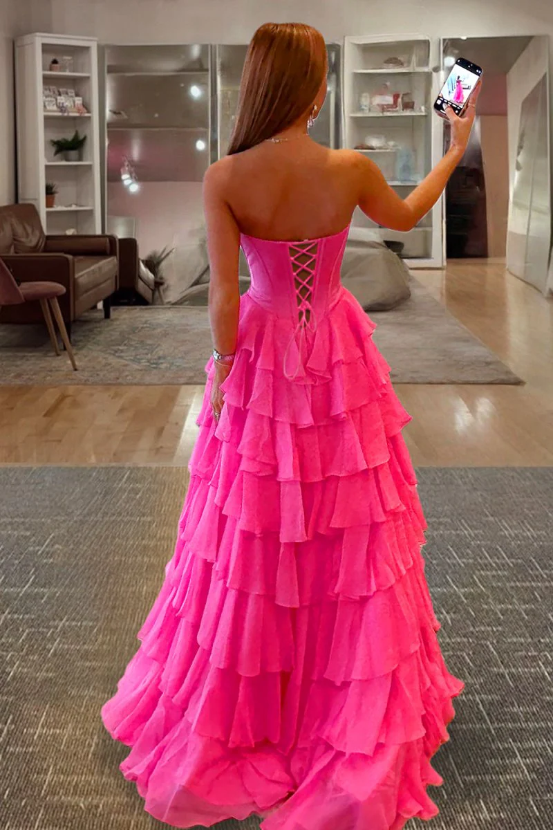 Fuchsia A Line Strapless Chiffon Ruffled Long Formal Prom Dresses With Bow