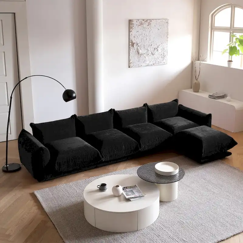 Modern Black Chenille Sectional Sofa Comfy Modular Couch with Ottoman