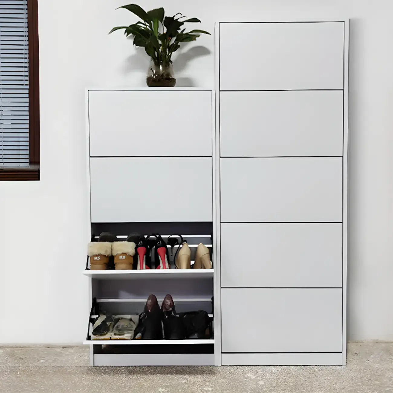 Hallway White Tall Wood Drop-Front Shoe Storage