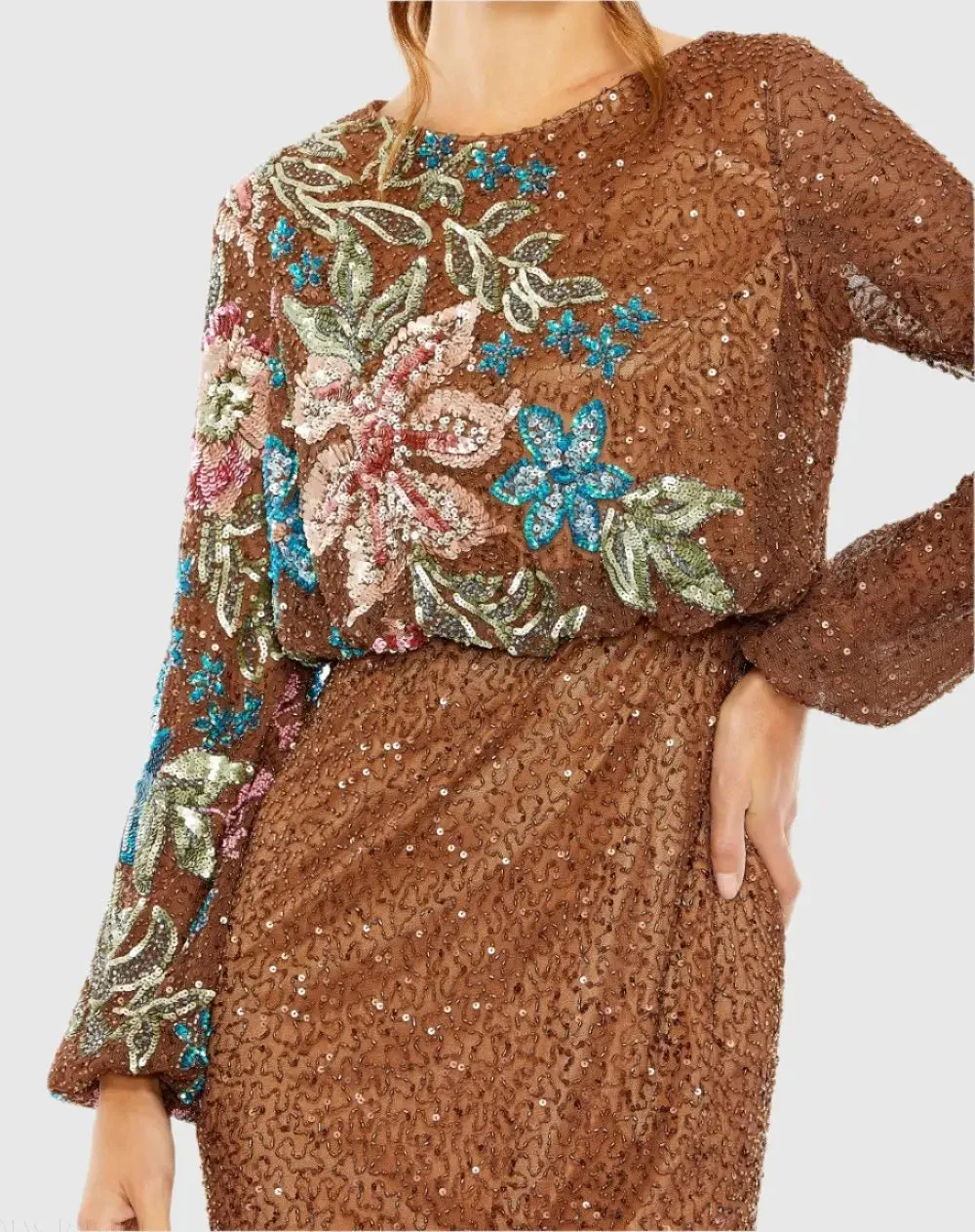 Brown High Neck Long Sleeve Sequin Gown