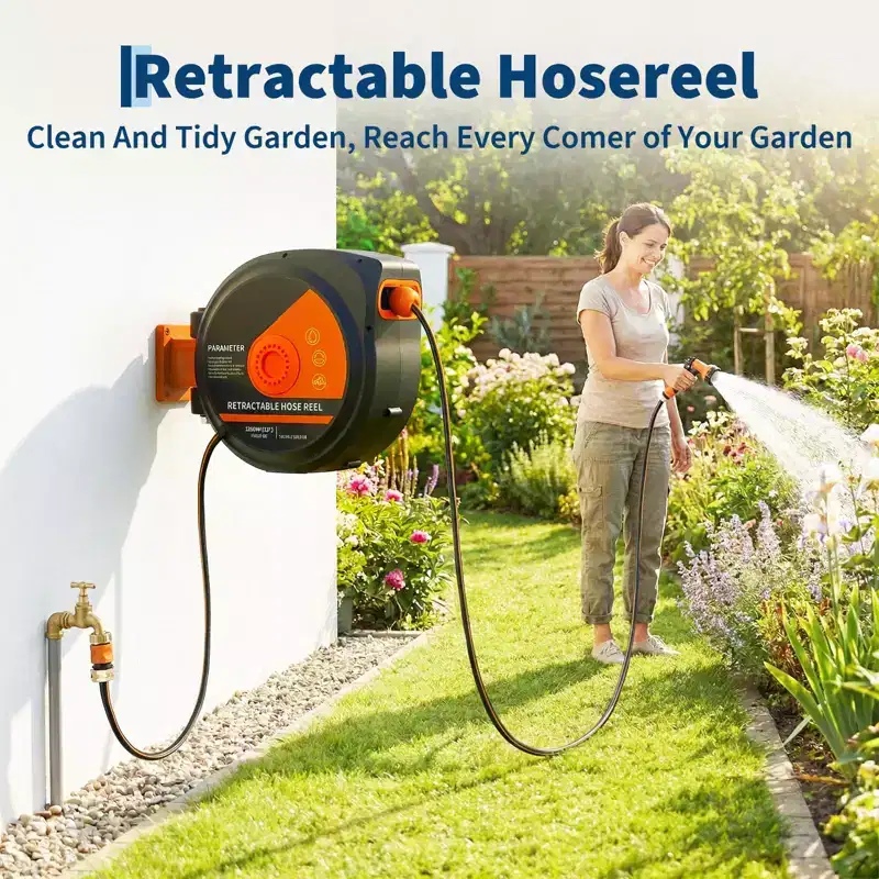 130 ft Retractable Garden Hose Reel, 1/2 in Automatic Rewind Wall Mount Hose, 10-Function Spray Nozzle, 180 Swivel Bracket, Any-Length Lock