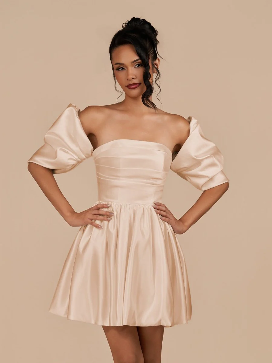 Champagne - A Line Satin Strapless Puffed Sleeves Short Homecoming Dresses