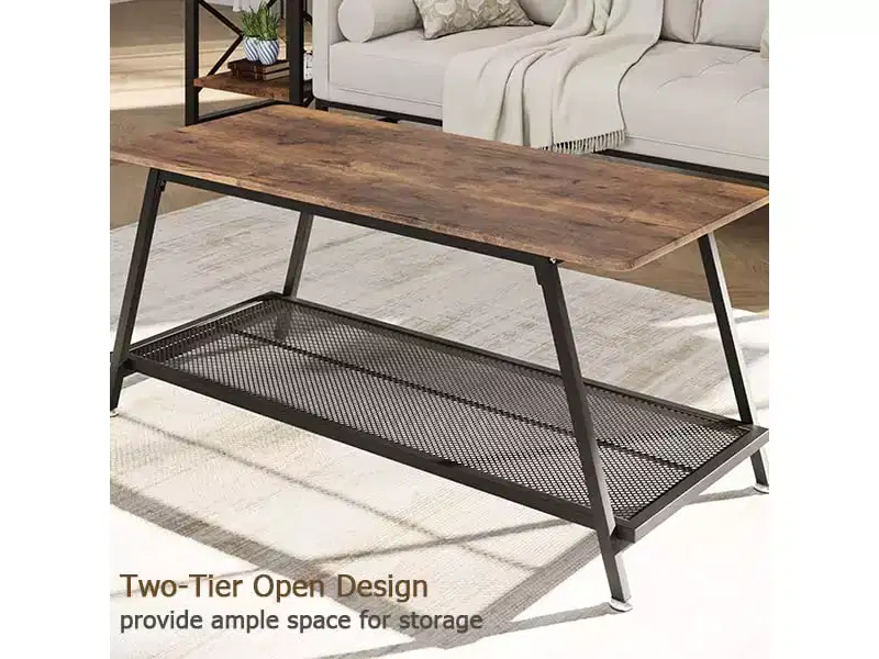 Coffee Table Farmhouse Center Table 2-Tier Industrial Living Room with Mesh Shelf Rectangle Wood Cocktail Table Metal Frame, Rustic Brown