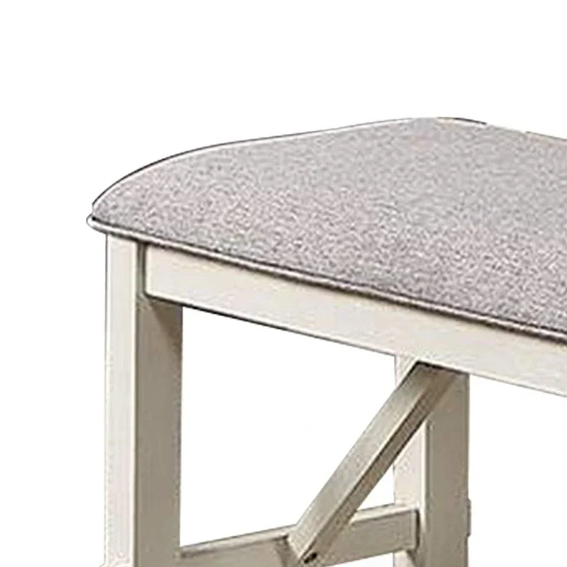 Lexi 50 Inch Dining Bench, Fabric Padded Seat, Rubberwood, Gray and White