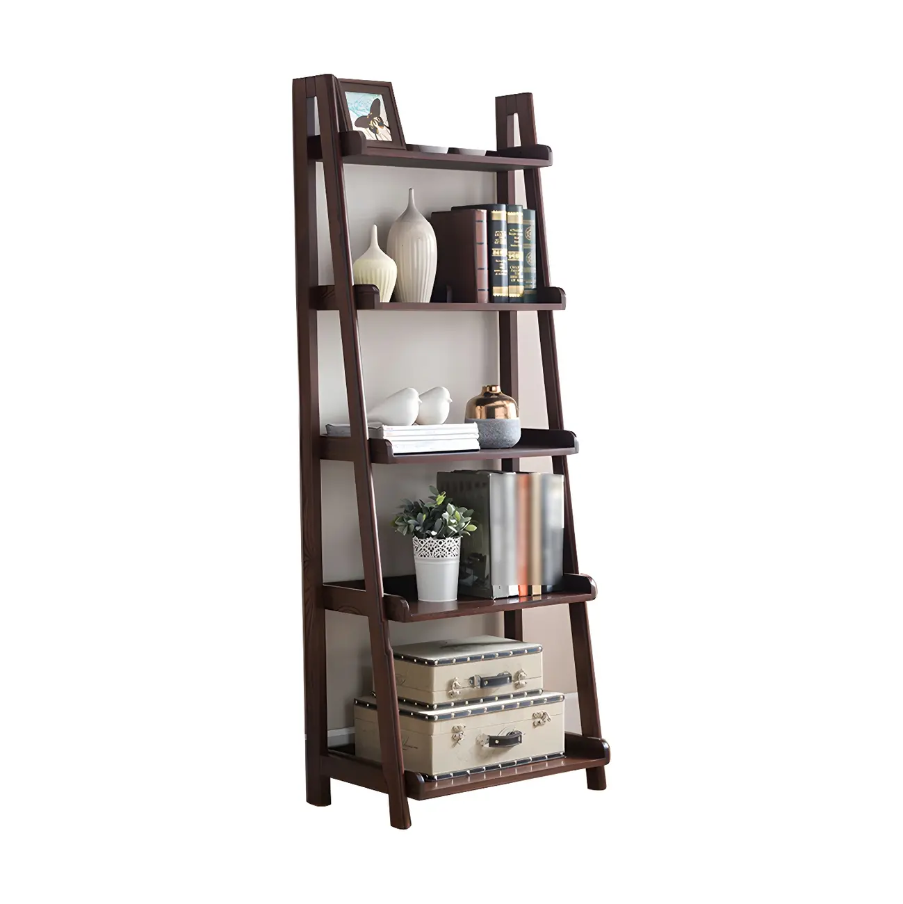 Scandinavian Wood Walnut 5-Tier Ladder Bookcase