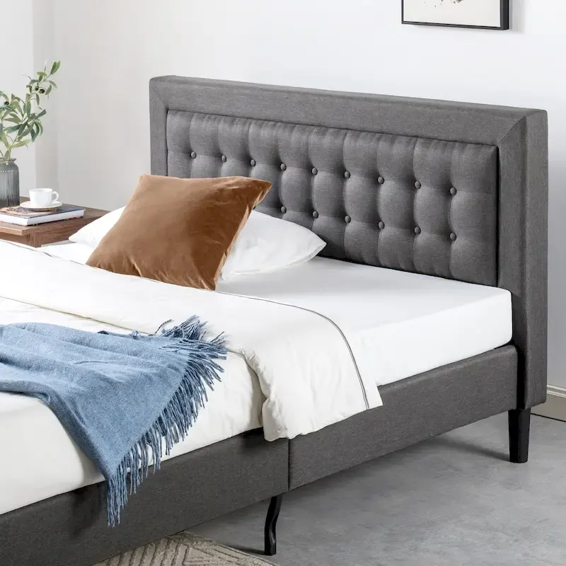 Dark Grey Button Tufted Upholstered Platform Bed Frame - Cal King