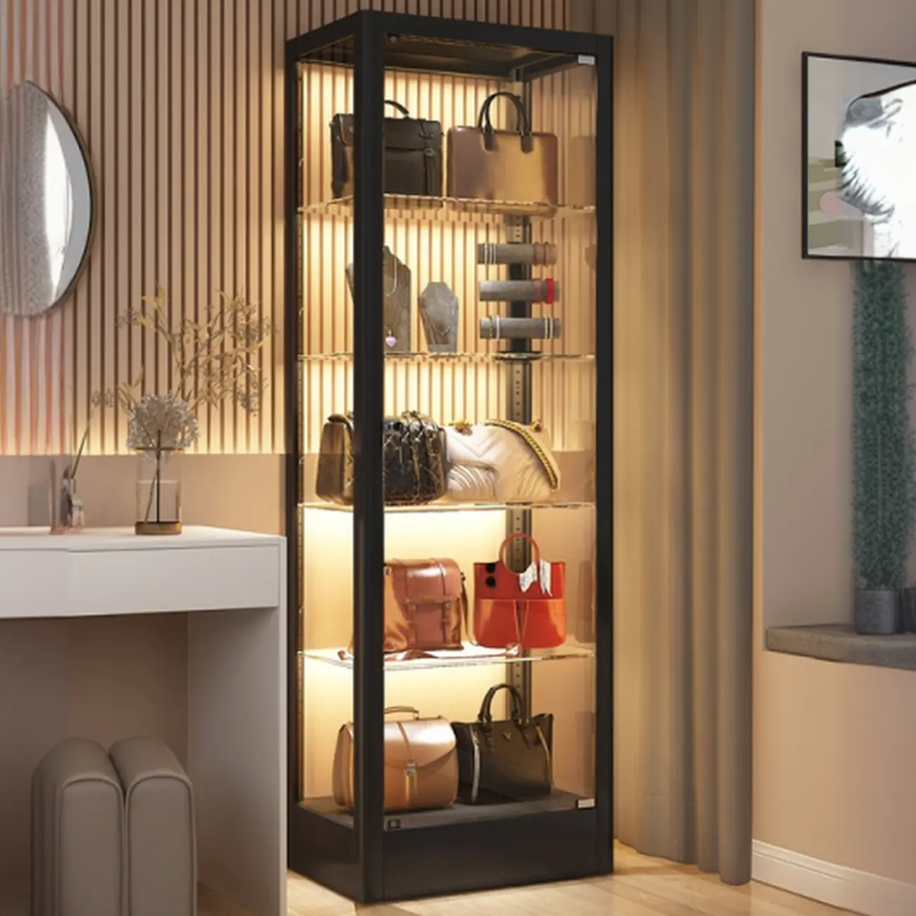 Enclosed Black 5-Shelf Metal Curio Cabinet with Light