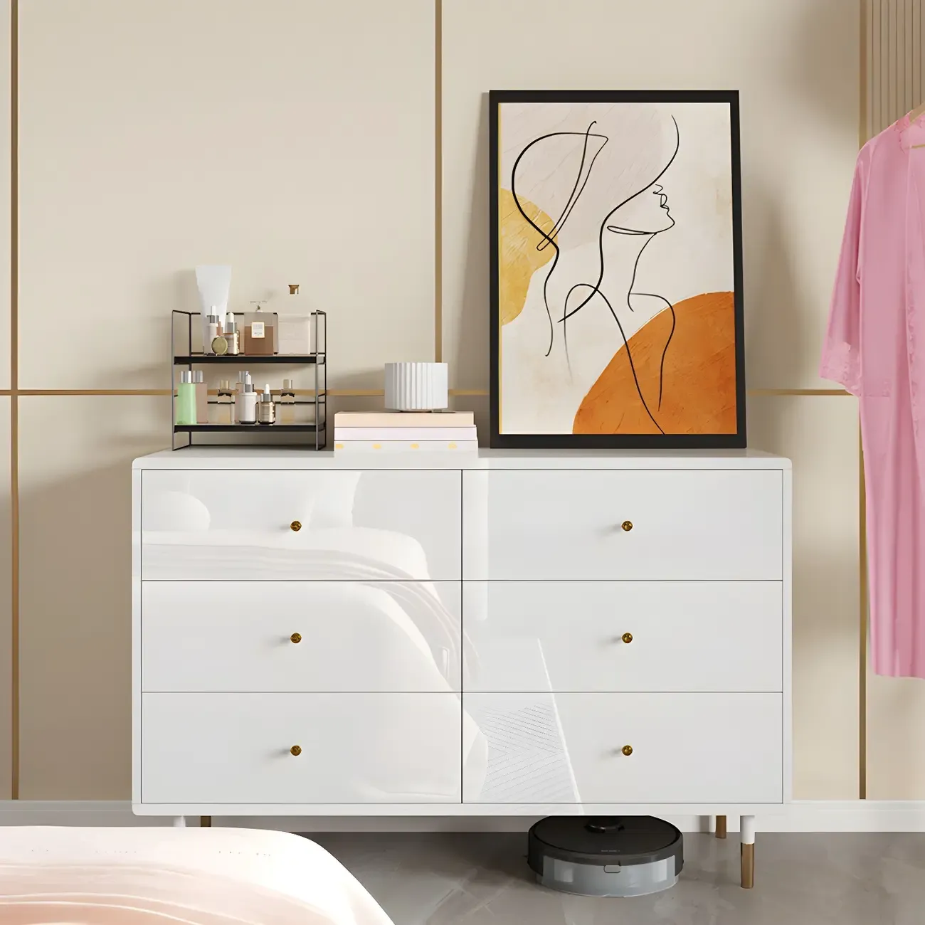 Modern Wooden White Dresser with Gold Handles