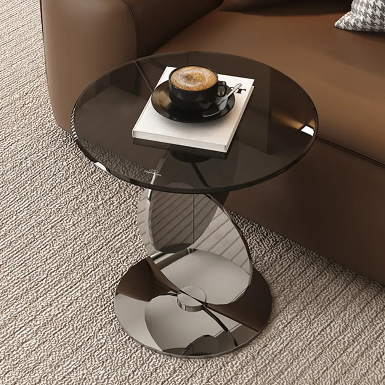 Modern Round Glass Top Stainless Pedestal Side Table