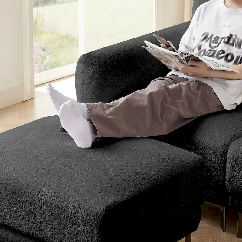 Convertible Sectional Sofa Couch, 3 Seat L-Shaped Sofa with Lamb Fabric, Movable Ottoman