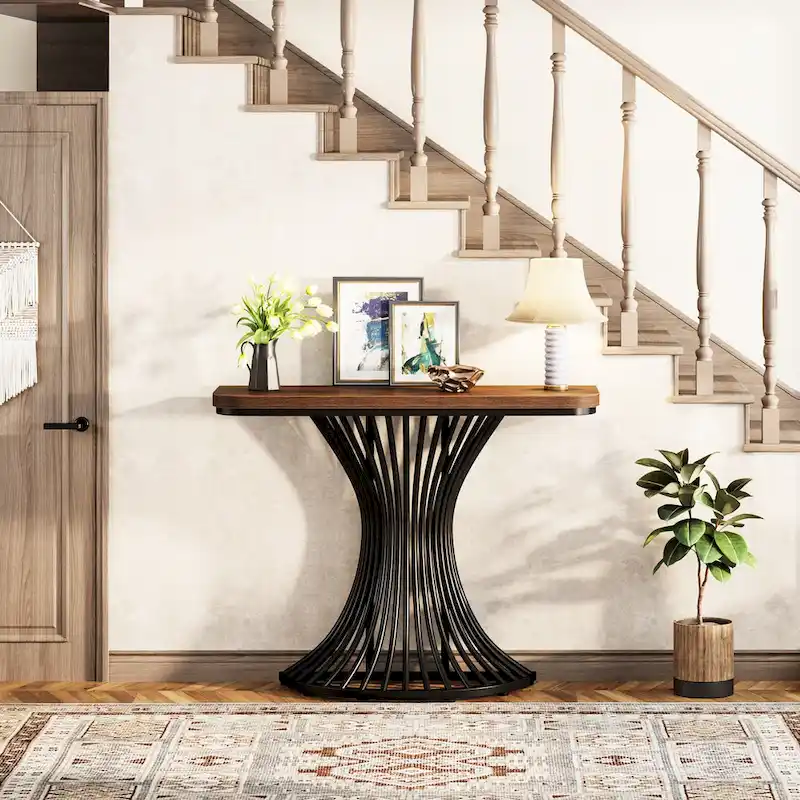 39-Inch Industrial Console Entryway Table Small Sofa Accent Table with Geometric Metal Base - 39.37 (L) x 11.8 (D)