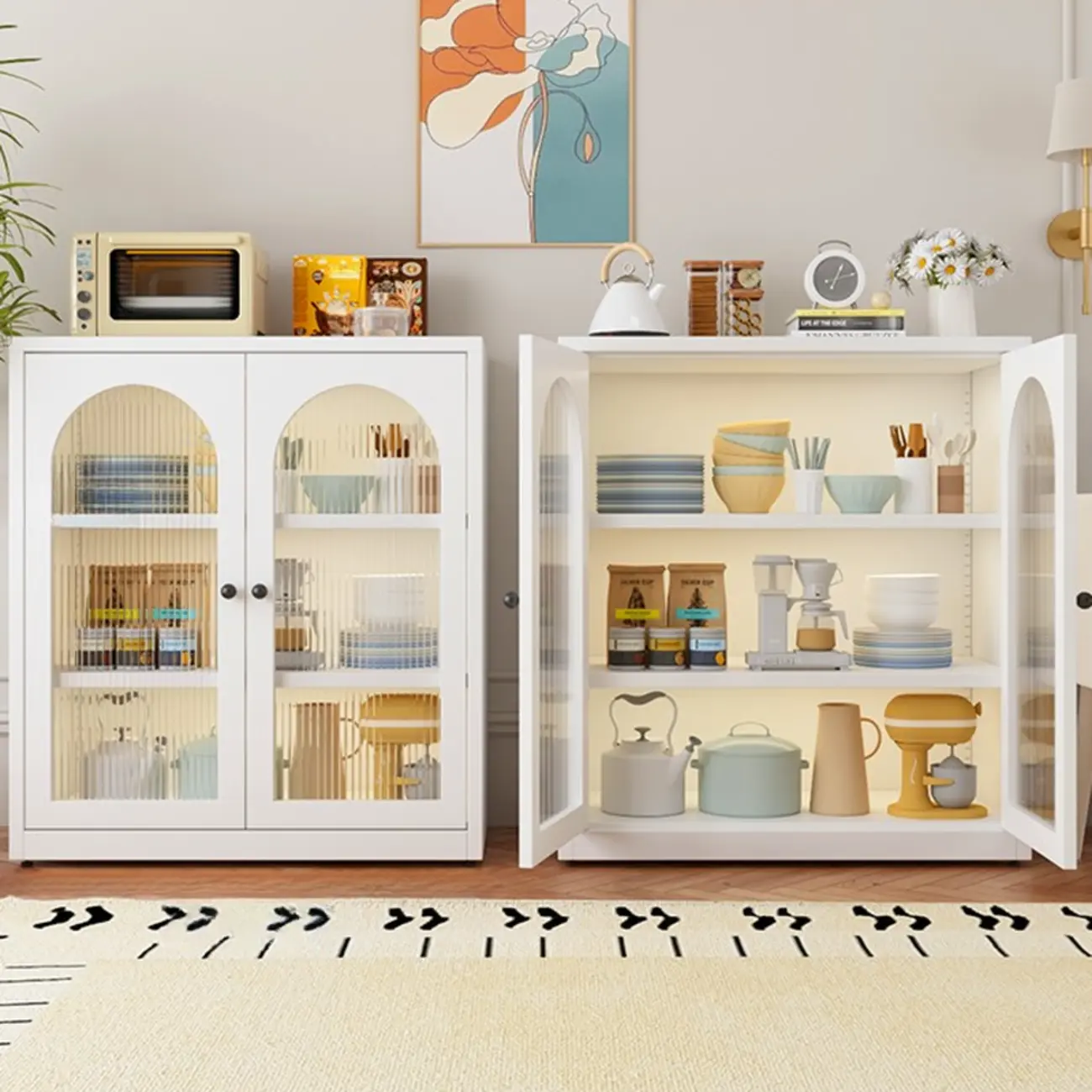 Narrow Metal White Buffet Cabinet with Drawer