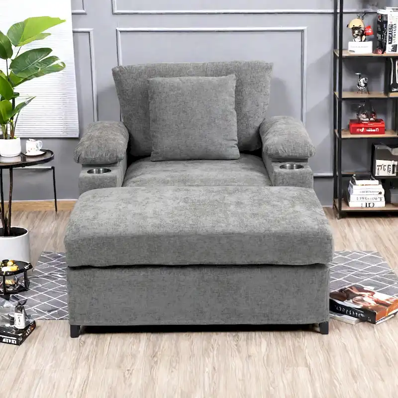 Oversized Lounge Chair with Ottoman, USB Charging Ports and Convertible Sofa Bed