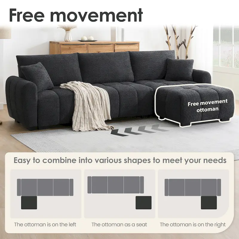 100 L-Shaped Sofa Boucle Fabric Couch with Movable Ottoman
