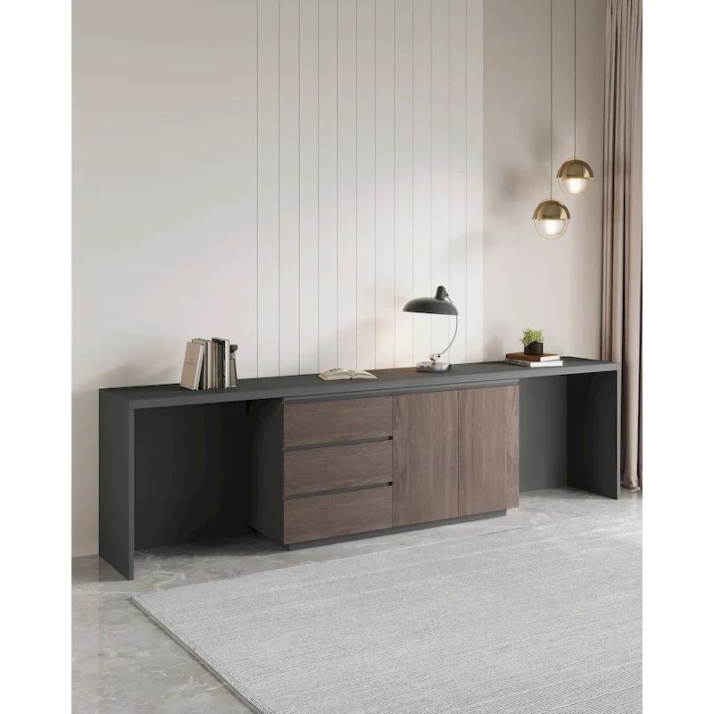 Black & Brown L-Shaped Double Workstation Desk with Drawers & Cabinets – 2-Person