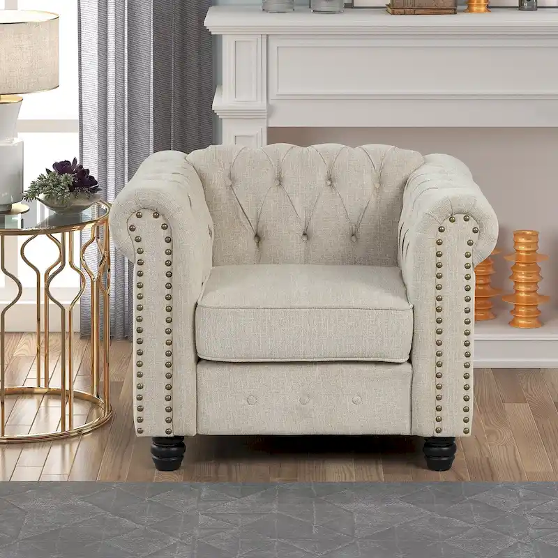 Linen Chesterfield Club Accent Chair,Button Tufted Upholstered Armchair with Nailhead and Solid Wood Legs